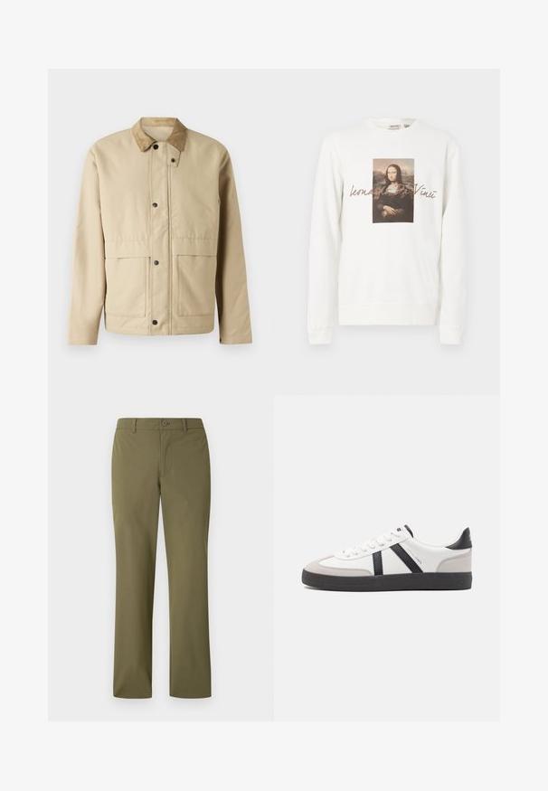 Veste beige avec un col en velours côtelé, des boutons-pression, deux poches à l'avant, et une coupe légèrement ajustée. Fabriquée en tissu lisse.; Sweat-shirt blanc avec une image imprimée centrale de la Joconde, avec le texte "Leonardo Da Vinci" en dessous, en police marron clair.; Pantalon kaki à jambes droites avec passants de ceinture, fermeture à bouton sur le devant, sans poches visibles, présenté sur un fond blanc.; Baskets blanches avec des accents noirs et gris, présentant un embout texturé gris, une semelle en caoutchouc noir et des lacets plats blancs. Design épuré, style minimaliste.