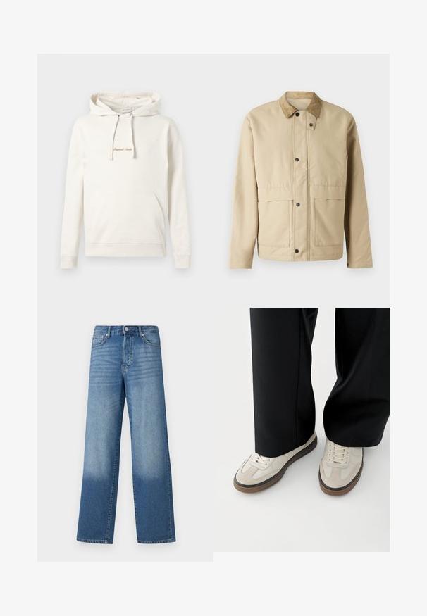 Beige jas met een ribstoffen kraag, drukknoopsluiting, twee voorzakken en een licht getailleerde pasvorm. Gemaakt van gladde stof.; Beige hoodie gemaakt van katoen, met een kangoeroezak, een capuchon met trekkoord en geborduurde "Originals" tekst op de borst.; Blauwe high-waisted straight-leg jeans met vervagingen op de dijen en donkerdere schaduwen nabij de zoom, met zichtbare knoop en zakken aan de voorkant.; Voeten met beige sneakers met bruine zolen en zwarte wijde broekspijpen op een witte achtergrond.