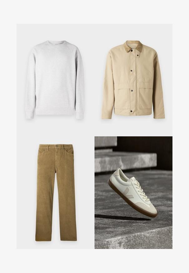 Beige Jacke mit einem Cordkragen, Druckknöpfen, zwei vorderen Taschen und einer leicht taillierten Form. Aus glattem Stoff gefertigt.; Hellegrauer Rundhalsausschnitt-Sweatshirt mit langen Ärmeln, gerippten Bündchen und Saum, vor einem weißen Hintergrund präsentiert.; Kordhosen in Khakifarben mit geradem Schnitt, vertikaler Rippstruktur, Gürtelschlaufen und vorderen Taschen.; Weiße Leder-Sneaker mit beige-gummiartiger Sohle, flachen Schnürsenkeln und V-förmigem Akzent an der Seite. Verfügt über eine glatte Oberfläche und minimale Nahtdetails.