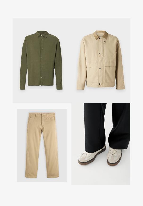 Beige Jacke mit einem Cordkragen, Druckknöpfen, zwei vorderen Taschen und einer leicht taillierten Form. Aus glattem Stoff gefertigt.; Olivgrünes Hemd mit langen Ärmeln, Knopfleiste, spitzem Kragen und subtiler Struktur im Stoffmuster, vor einfarbigem Hintergrund dargestellt.; Khaki Chinos mit geradem Bein, ausgestattet mit zwei vorderen Taschen und einem Bund mit Gürtelschlaufen. Hergestellt aus weichem, strapazierfähigem Baumwollstoff.; Füße mit beigen Sneakers mit braunen Sohlen und schwarzen Hosen mit weitem Bein auf weißem Hintergrund.