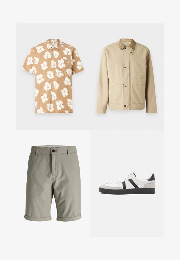 Veste beige avec un col en velours côtelé, des boutons-pression, deux poches à l'avant, et une coupe légèrement ajustée. Fabriquée en tissu lisse.; Chemise beige à manches courtes avec boutons, grand imprimé floral blanc et poche poitrine, affichée sur un fond plat gris clair.; Short pour homme de couleur kaki clair avec fermeture à bouton et à glissière, passants pour ceinture et ourlets retroussés, présenté sur un fond blanc uni.; Baskets blanches avec des accents noirs et gris, présentant un embout texturé gris, une semelle en caoutchouc noir et des lacets plats blancs. Design épuré, style minimaliste.