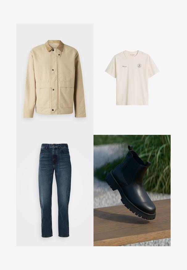 Beige jas met een ribstoffen kraag, drukknoopsluiting, twee voorzakken en een licht getailleerde pasvorm. Gemaakt van gladde stof.; Gebroken wit katoenen T-shirt met korte mouwen en ronde hals, met kleine zwarte tekst "It's on us." op de linkerborst en een rond "M OP" logo op de rechterborst.; Donkerblauwe recht gesneden jeans met een sluiting met knoop en rits aan de voorkant, vijf-pocket ontwerp en subtiele vervaging op de dijen en knieën.; Zwarte leren enkellaarsjes met elastische zijpanelen, ronde neus en robuuste zool, tentoongesteld op een houten oppervlak.