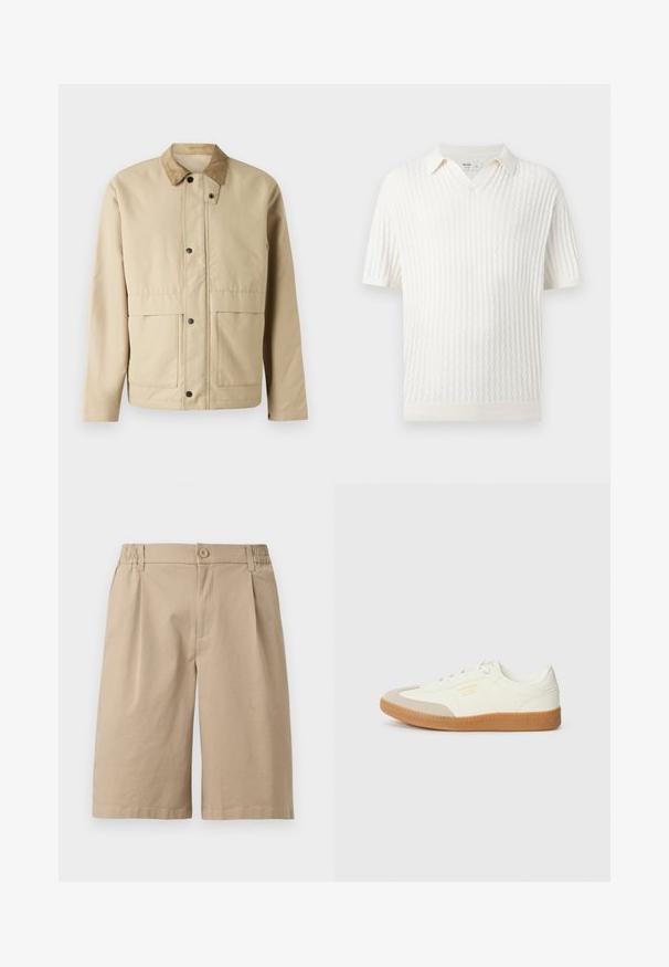 Veste beige avec un col en velours côtelé, des boutons-pression, deux poches à l'avant, et une coupe légèrement ajustée. Fabriquée en tissu lisse.; Chemise tricotée blanche à manches courtes avec motif ondulé texturé et col ouvert, en tissu doux.; Short beige longueur genou avec fermeture à bouton, passants de ceinture et côtés élastiques sur fond blanc uni.; Baskets en cuir blanc avec une coque beige et une semelle en caoutchouc marron clair. Dotées de lacets blancs plats et d'un logo embossé sur le côté.