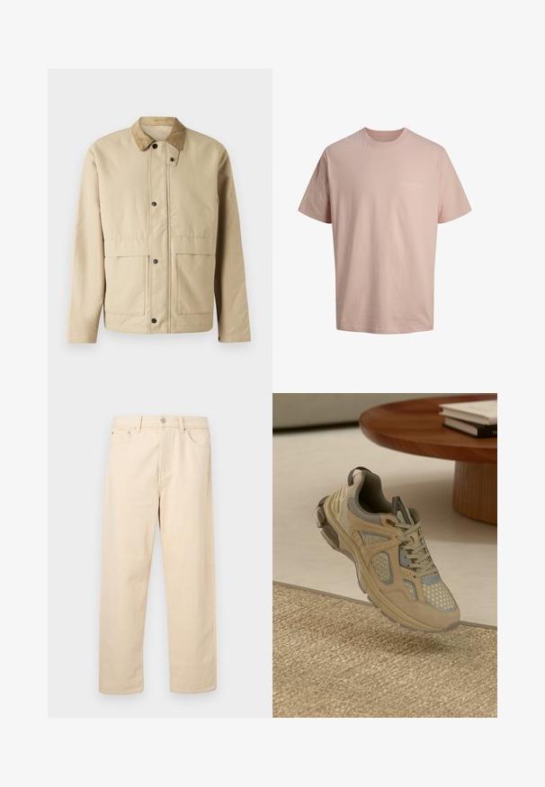 Beige jas met een ribstoffen kraag, drukknoopsluiting, twee voorzakken en een licht getailleerde pasvorm. Gemaakt van gladde stof.; Lichtroze katoenen T-shirt met korte mouwen, ronde hals en klein wit "ORIGINALS"-tekst op de linkerborst.; Beige jeans met rechte pijpen, een knoop- en ritssluiting, riemlussen en steekzakken aan de voorkant, afgebeeld op een effen achtergrond.; Beige en grijze sport sneaker met mesh en suède details, zwevend boven een geweven tapijt naast een houten salontafel met boeken.