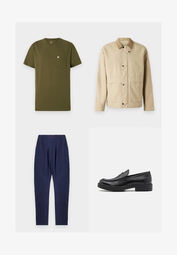 Beige jakke med et kordfløjskrave, trykknapper, to forlommer og en let fitted pasform. Lavet af blødt stof.; Olivengrøn bomulds t-shirt med rund hals, korte ærmer og en venstre brystlomme med et lille mærkelabel. Glat tekstur.; Marineblå bukser lavet af tekstureret stof med elastisk talje, knaplukning og to frontfolder for ekstra designfunktion.; Sorte læder loafers med rund tå, slip-on design og tyk gummisål med tekstureret greb. Forhøjet hæl og subtile syninger.