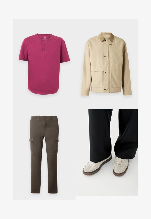 Beige Jacke mit einem Cordkragen, Druckknöpfen, zwei vorderen Taschen und einer leicht taillierten Form. Aus glattem Stoff gefertigt.; Kurzarm-Henley-Shirt in einem lebhaften Magenta-Ton. Mit Rundhalsausschnitt, Drei-Knopf-Leiste und leicht abgerundetem Saum. Weiche Textur.; Jack & Jones Cargo Tapered Fit - Cargohose - beluga; Füße mit beigen Sneakers mit braunen Sohlen und schwarzen Hosen mit weitem Bein auf weißem Hintergrund.