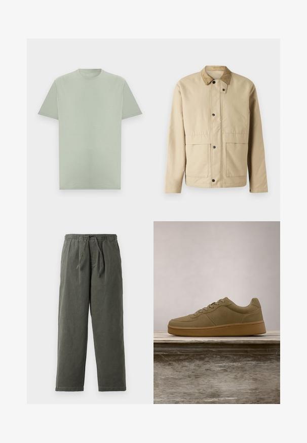 Veste beige avec un col en velours côtelé, des boutons-pression, deux poches à l'avant, et une coupe légèrement ajustée. Fabriquée en tissu lisse.; T-shirt vert clair à manches courtes et col rond avec une texture subtile de rayures horizontales, présenté sur un fond neutre.; Pantalons vert olive foncé avec ceinture à cordon en tissu léger. Coupe ample avec jambes droites et sans poches ni embellissements visibles.; Baskets vert olive à lacets flottant au-dessus d'un banc en bois, avec un feuillage vert flou en arrière-plan.