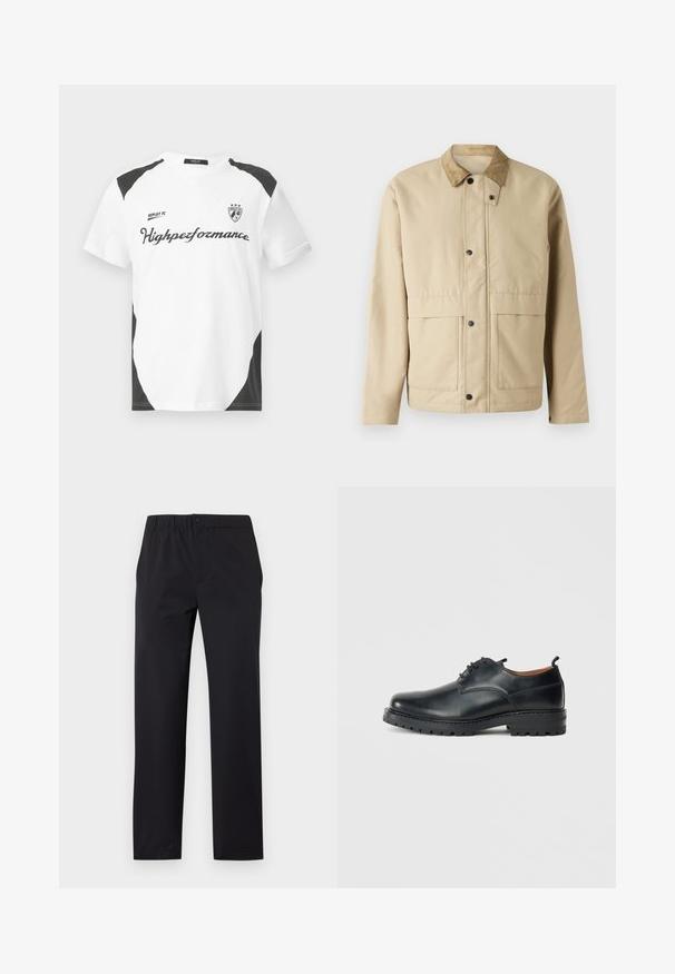 Beige Jacke mit einem Cordkragen, Druckknöpfen, zwei vorderen Taschen und einer leicht taillierten Form. Aus glattem Stoff gefertigt.; Weißes Kurzarm-T-Shirt mit schwarzen Akzenten. Verfügt über das Logo "REPLAY FC" und den Text "Highperformance" in einer sportlichen Schriftart. Hergestellt aus einem glatten Material.; Schwarze gerade geschnittene Hose mit elastischem Bund und einer vorderen Knopfverschluss, vor einem einfarbigen Hintergrund präsentiert.; Schwarze Leder Derby-Schuhe mit glatter Textur, runder Zehenform, Schnürdesign und einer dicken, robusten Gummisohle.