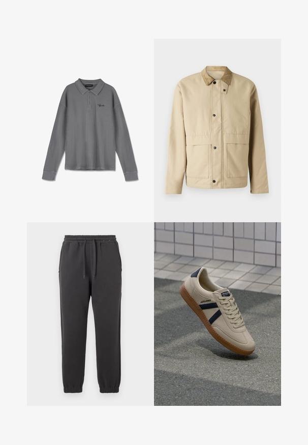 Beige jakke med et kordfløjskrave, trykknapper, to forlommer og en let fitted pasform. Lavet af blødt stof.; Langærmet polo shirt i stribet gråt stof. Har en krave, tre-knaps placket og subtil sort branding på brystet.; Sorte sweatpants lavet af blødt stof, med en elastisk talje med snoretræk, sidelommer og tætsiddende manchetter ved anklerne.; Beige sneaker med struktureret overflade, marineblå striber og gummisål. Har en polstret tunge og traditionelt snørresystem for en sikker pasform.