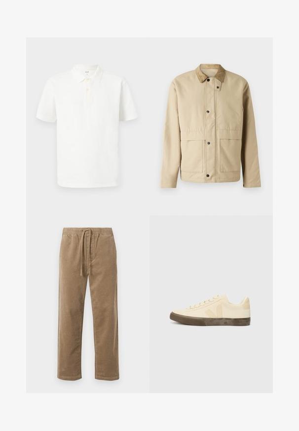 Beige Jacke mit einem Cordkragen, Druckknöpfen, zwei vorderen Taschen und einer leicht taillierten Form. Aus glattem Stoff gefertigt.; Weißes Poloshirt aus Baumwolle mit klassischem Kragen, kurzen Ärmeln, einer Zwei-Knopf-Leiste und subtiler Struktur im Gewebe.; Braune Cordhosen mit elastischem Bund und Kordelzug, entspannter Schnitt und geraden Beinen, strukturierte Oberfläche mit gerippetem Muster.; Beige Leinensneaker mit runder Zehenpartie, flachen Schnürsenkeln und strukturiertem braunem Gummi-Sohle. Mit einem Logo an der Seite und einem minimalistischen Design.