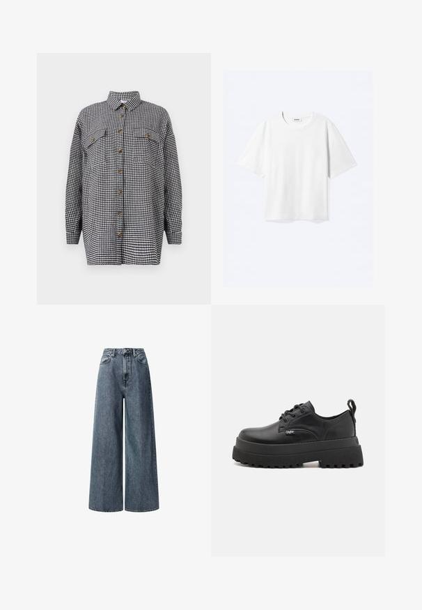 Schwarz-weißer Hahnentrittmuster-Hemd, lange Ärmel, mit Knöpfen, zwei Brusttaschen, fertig mit braunen Knöpfen, aus Baumwollstoff.; Weißes T-Shirt mit kurzen Ärmeln und Rundhalsausschnitt mit geradem Saum, innen mit gebrandetem "WEEKDAY"-Label am Kragen.; Weite, hoch geschnittene Jeans in dunkelblauem Denim. Mit klassischen Fronttaschen, Gürtelschlaufen und einem Reißverschluss mit Metallknopf.; Buffalo PLUTO LACE UP - Schnürer - black