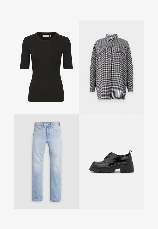 Sort-hvid houndstooth ternet skjorte, lange ærmer, knaplukning, to brystlommer, afsluttet med brune knapper, bomuldsstof.; Sort ribbet t-shirt med rund halsudskæring og korte ærmer. Stoffet har en struktureret overflade, der giver en tætsiddende silhuet.; Lyseblå denimjeans med lige ben, knap- og lynlåslukning, design med fem lommer og let falmet stof.; Sorte patentlæder sko med en kraftig platformsål og tykke snørebånd. Runde tå, minimal detaljer og en lille hæltab bagpå.
