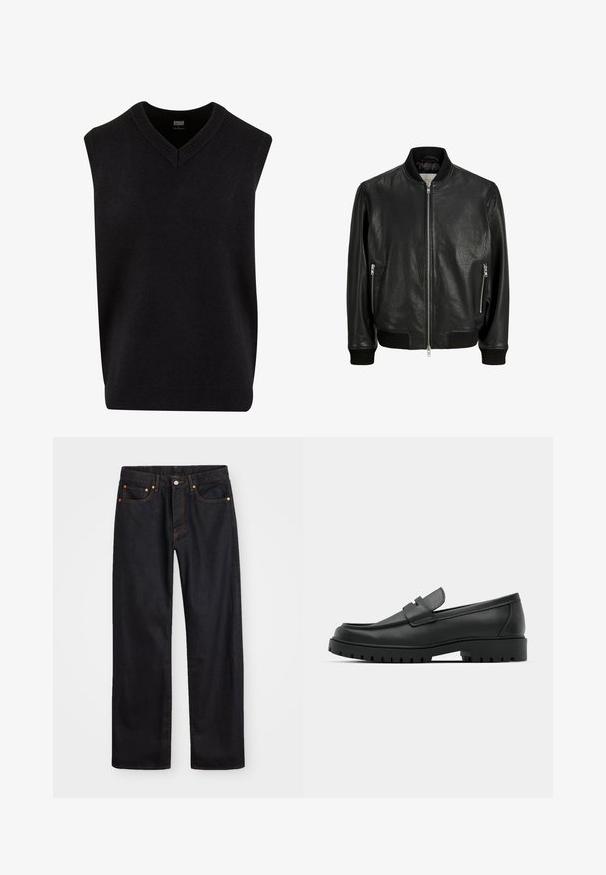 Chaqueta bomber de cuero negro con cuello, puños y bajo acanalados, con cierre frontal de cremallera y dos bolsillos laterales con cremallera.; Jersey sin mangas negro con escote en V, hecho de un material suave, que cuenta con un escote y dobladillo de canalé. Diseño simple y clásico.; Jeans de mezclilla negros de pierna recta para hombre, con cinco bolsillos y costuras en color naranja, cierre de botón y cremallera en la parte delantera de la cintura.; Mocasines de cuero negro con punta redonda, que cuentan con un diseño cosido, suela de plataforma baja y una suela de goma texturada y con tacos.