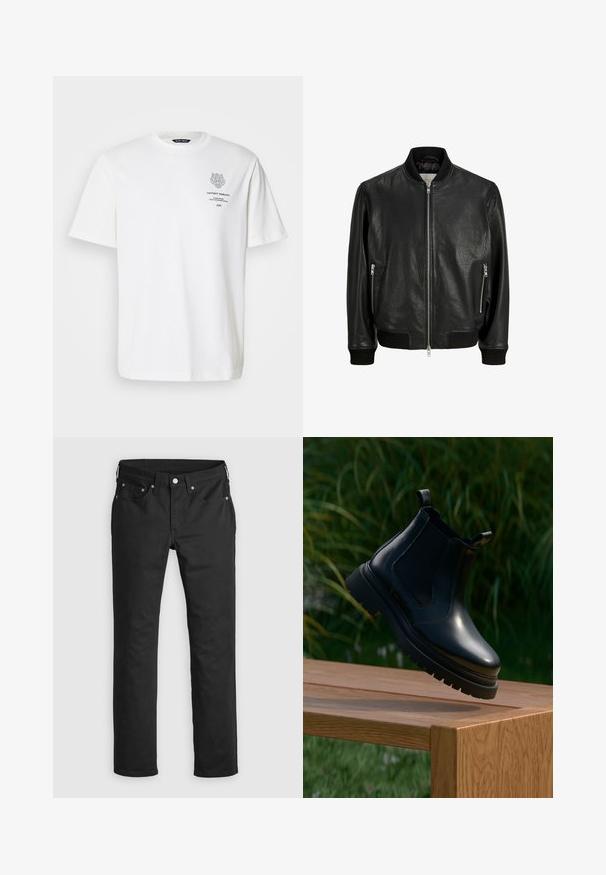 Chaqueta bomber de cuero negro con cuello, puños y bajo acanalados, con cierre frontal de cremallera y dos bolsillos laterales con cremallera.; Camiseta de algodón blanca con cuello redondo, mangas cortas y un diseño impreso de logo y texto en la parte delantera en gris.; Pantalones de mezclilla negros con un corte recto, que presentan una cremallera, cinco bolsillos y acentos de botones metálicos. Textura suave.; Botín Chelsea negro de cuero con puntera redondeada, suela de goma gruesa y paneles elásticos laterales, exhibido sobre una superficie de madera con verdor al fondo.