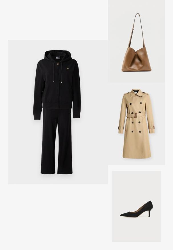 Beige dobbeltradet trenchcoat med sorte knapper, bælte i taljen, bred krave, forlommer og justerbare remme ved håndleddene, vist på hvid baggrund.; Sort zip-up hoodie med snore og matchende bredbenede bukser, med små guldlogo-detaljer på brystet og hoften.; Sort ruskindspumpe med spids snude, mellemhøj stiletthæl og tan indersål på en lys baggrund.; Brun skuldertaske i læder med justerbar rem, blødt, afslappet design og diskret præget logo på forsiden mod en ensfarvet baggrund.