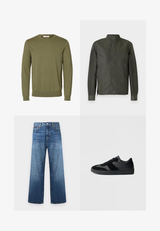 Veste vert foncé à manches longues avec col montant, fermeture éclair avant cachée et poches latérales sur fond gris clair.; Pull vert olive à manches longues avec col rond, poignets et bas-côtes côtelés, tissu en maille unie, et une étiquette de marque « Selected » à l'intérieur du col.; Jean en denim bleu à jambes larges avec fermeture à bouton et fermeture éclair à l'avant, cinq poches, et un léger effet délavé subtil sur les cuisses.; Baskets noires combinant cuir lisse et daim, avec une semelle en caoutchouc noire texturée et un détail de rayures discrètes.