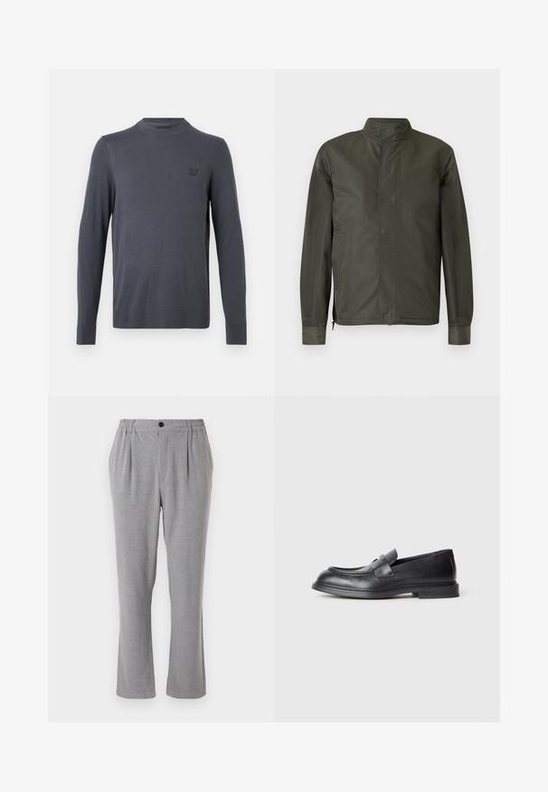 Veste vert foncé à manches longues avec col montant, fermeture éclair avant cachée et poches latérales sur fond gris clair.; Pull-over à manches longues, gris foncé, col rond, avec un petit logo brodé sur le côté gauche de la poitrine, présenté sur un fond blanc uni.; Pantalon gris en tissu texturé, avec une fermeture à bouton et une taille élastiquée. Design à jambe droite avec des plis latéraux.; Mocassins en cuir noir avec une finition texturée, dotés d'une bride décorative à l'avant et d'un bout arrondi. Semelle en caoutchouc pour plus de durabilité.