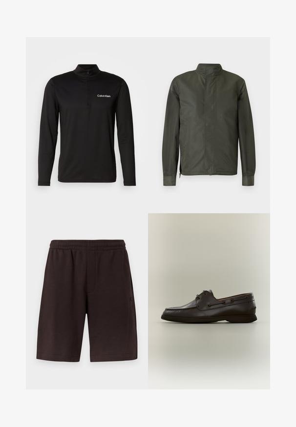 Mørkegrøn, langærmet jakke med stående krave, skjult frontlynlås og sidelommer på en lysegrå baggrund.; Sort langærmet pullover med høj krave, halv-zip lukning og struktureret stof. Har et lille hvidt logo på venstre bryst.; Mørkebrune bomuldsshorts med elastisk talje og sidelommer. Designet har en enkel og glat tekstur uden mønstre.; Mørkebrun læder bådsko med snøredetaljer og gummisål, vist i sideprofil mod en neutral baggrund.