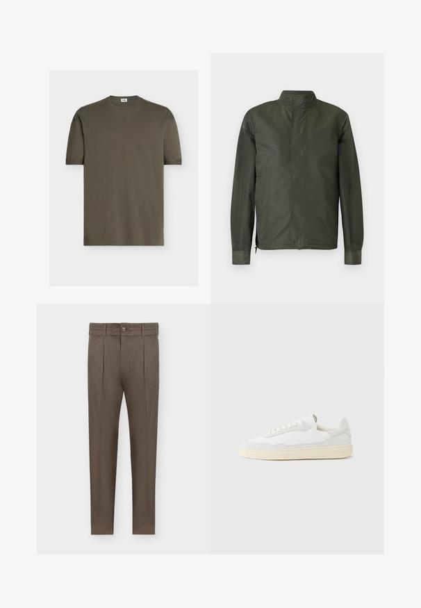Veste vert foncé à manches longues avec col montant, fermeture éclair avant cachée et poches latérales sur fond gris clair.; T-shirt vert olive uni à manches courtes avec col rond et petite étiquette blanche à l'intérieur du col au dos.; Pantalon marron pour homme, coupe fuselée, avec plis, passants pour ceinture, fermeture à boutons et poches latérales sur fond blanc.; Baskets blanches avec dessus en daim et cuir texturé. Caractérisées par un bout arrondi, une fermeture à lacets et une semelle en caoutchouc beige contrastante.