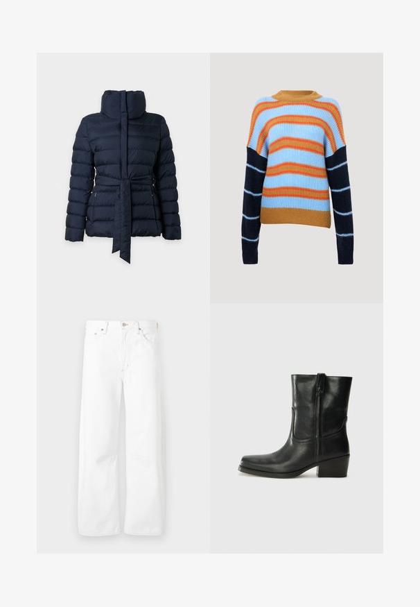 Marineblå quiltet dunjakke med høj krave, lange ærmer og matchende stofbælte bundet i taljen.; Strikket sweater med ribbet struktur, der har vandrette striber i lyseblå, orange og marineblå. Rund halsudskæring og lange ærmer.; Hvide straight-leg denim jeans med fem lommer, knaplukning og synlige syningsdetaljer.; Sort læder ankelstøvle med rundt tå, blokhæl, lynlås i siden og stikninger på vampsiden. Glat tekstur, klassisk design.