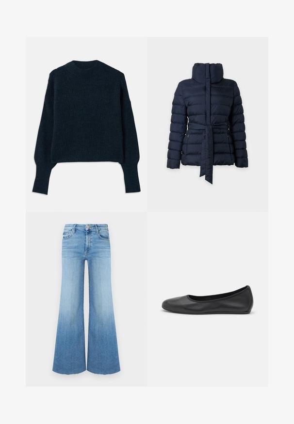 Veste matelassée bleu marine avec col montant, manches longues et ceinture assortie en tissu nouée à la taille.; Chandail en tricot côtelé bleu marine foncé avec des manches longues et un col rond, posé à plat sur un fond blanc.; Jean en denim clair avec une coupe évasée, taille haute, deux poches avant et un ourlet brut en bas.; Ballerines en cuir noir avec un bout rond, texture lisse, détails de couture minimalistes et design de semelle flexible.
