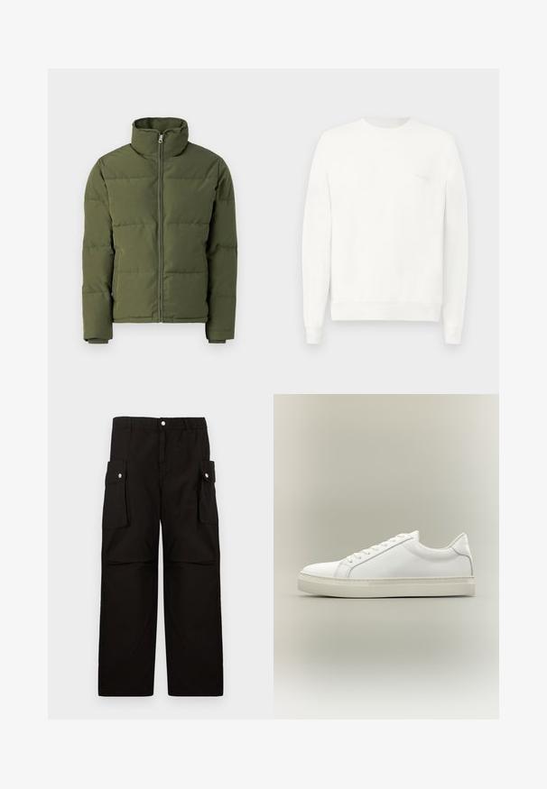 Olivovo zelená zateplená bunda s vystuženým golierom, plným zipsom a prešívaným vzorom. Má dlhé rukávy a hladkú textúru.; Biely crewneck sveter vyrobený z mäkkej látky, s rebrovanými manžetami a lemom, s jemným logom potlačeným na hrudi v svetlo sivej farbe.; Čierne cargo nohavice vyrobené z mäkkej tkaniny, s elastickým pásom, bočnými vreckami so klapkami a voľným, rovným strihom.; Biela nízka teniska so šnurovaním vpredu a hrubou podrážkou, zobrazená zboku na neutrálom pozadí.