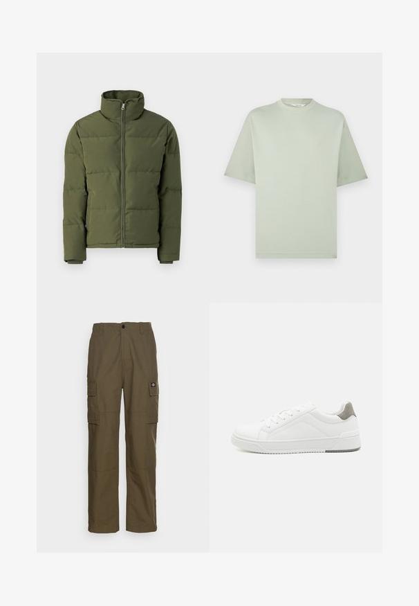 Oliven grøn polstret jakke med ståkrave, fuld lynlås og sømdesign. Har lange ærmer og en glat overflade.; Lysegrøn crewneck T-shirt med korte ærmer og afslappet pasform mod en hvid baggrund.; Cargo bukser i olivengrøn, lavet af slidstærkt stof. Har to sidelommer, en standard talje og en lige ben design.; Hvid sneaker lavet af glat læder, rund tå, minimalistisk design, grå hælafsats og tekstureret gummisål.