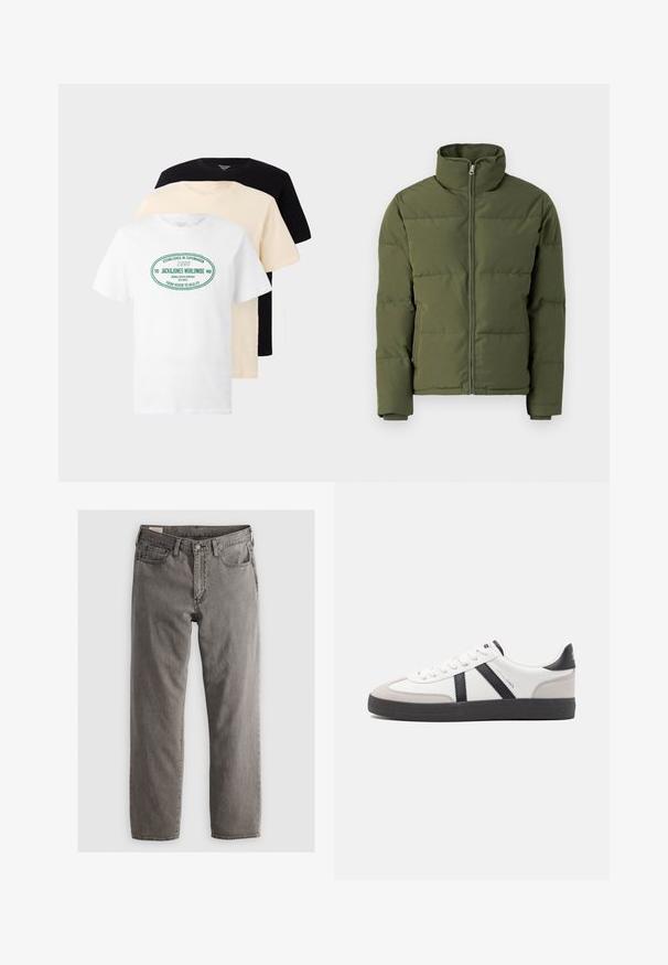 Oliven grøn polstret jakke med ståkrave, fuld lynlås og sømdesign. Har lange ærmer og en glat overflade.; Tre stablede T-shirts med rund hals i sort, beige og hvid, hvor den hvide T-shirt har grøn tekst "Jack & Jones Worldwide".; Grå denimjeans med lige pasform, fem-lomme-design og knaplukning; ingen synlige mønstre eller accenter; let bleget finish.; Hvide sneakers med sorte og grå detaljer, med en tekstureret grå tåhætte, sort gummisål og flade hvide snørebånd. Rent design, minimalistisk stil.
