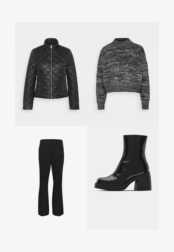 Veste matelassée noire avec col montant, fermeture éclair et manches longues. Présente une finition brillante et un motif de couture en forme de losanges.; Vero Moda Petite VMDAIMA - Pullover - black/birch/silver; Pantalons noirs en tissu lisse, présentant un design droit avec un devant plat et des poches latérales. Pas de motifs ou d'accents visibles.; Bottines noires à finition brillante, bout carré et épais talon bloc. Le design présente une silhouette homogène et un branding minimal.