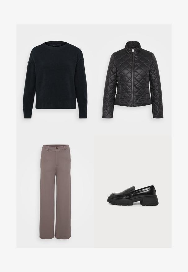 Schwarze gesteppte Jacke mit Stehkragen, Reißverschluss und langen Ärmeln. Verfügt über eine glänzende Oberfläche und ein rautenförmiges Steppmuster.; Schwarzer Strickpullover mit rundem Ausschnitt, langen Ärmeln und geripptem Saum. Weicher Stoff mit etwas lockerer Passform und abgesenkten Schultern.; Hochwasser-Hosen aus einem glatten, gedeckten braunen Stoff mit Fronttaschen, einem Knopfverschluss und einem taillierten Bund.; Schwarzer Lederloafer mit klobiger Plateausohle und niedrigem Blockabsatz, sichtbares Seitenprofil auf schlichtem hellem Hintergrund.