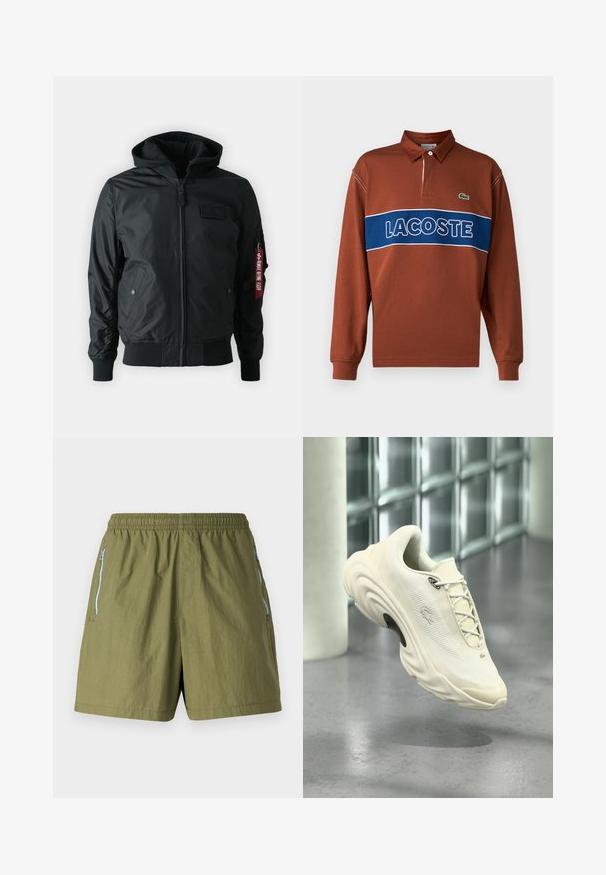 Chaqueta bomber negra con capucha, cierre delantero, puños acanalados, bolsillos laterales y una etiqueta roja en la manga con texto en blanco.; Polo de manga larga en marrón óxido con una franja horizontal azul que presenta el texto "LACOSTE" en blanco. Incluye un cuello y un detalle del logo en verde.; Pantalones cortos verde oliva con cinturilla elástica, bolsillos con cremallera en los laterales y una tela ligera y texturizada.; Zapatilla de color crema con suela gruesa, parte superior de malla, cordones y logo en relieve, exhibida en un entorno interior moderno y reflectante.