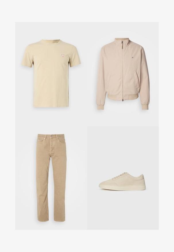 GANT HAMPSHIRE JACKET - Veste légère - concrete beige; T-shirt en coton beige avec col rond, manches courtes, et un petit logo triangle rouge sur la poitrine gauche. Design sobre, texture douce.; Pantalons en coton beiges au design à jambe droite, avec poches avant, fermeture à bouton et détails de couture subtils le long des coutures.; Baskets basses en suède beige avec lacets, bout rond et semelle épaisse en caoutchouc, présentées en profil droit sur un fond blanc.