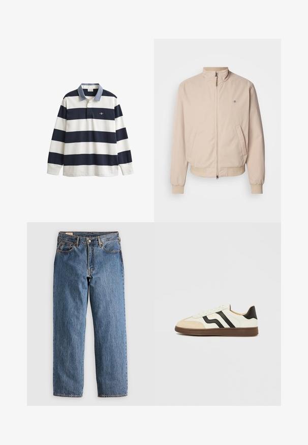 GANT HAMPSHIRE JACKET - Veste légère - concrete beige; Maillot de rugby à manches longues avec larges rayures horizontales bleu marine et blanc et un col bleu clair sur fond blanc.; Jeans en denim bleu avec une coupe droite, présentant une taille haute, des rivets en cuivre et des coutures orange. Poches avant et arrière incluses.; Baskets en cuir blanc avec bandes noires et embout en daim beige. Semelle en caoutchouc brun foncé. Lacets et col rembourré complètent le design.