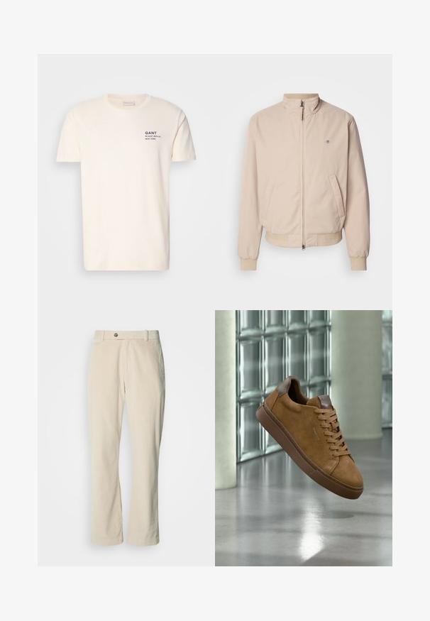 GANT HAMPSHIRE JACKET - Veste légère - concrete beige; T-shirt en coton couleur crème avec un col rond, des manches courtes et une petite impression marine sur la poitrine indiquant "GANT 32 EAST 39TH ST. NEW YORK."; Pantalon en velours côtelé beige avec fermeture à bouton et à fermeture éclair, passants de ceinture et coupe droite sur fond blanc.; Baskets en daim marron avec lacets et semelle assortis, marquées "GANT" sur le côté, placées devant un mur en blocs de verre et un sol poli.