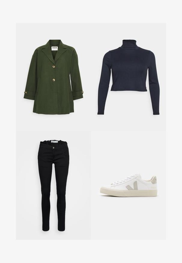 Veste en mélange de laine verte avec un col à revers, des boutons sur le devant et des manches trois quarts. Comprend des poches latérales et des accents de poignet à boutons.; Haut à col roulé à manches longues côtelé bleu marine avec une coupe courte et une silhouette ajustée. Présente un tissu texturé subtil.; Jeans noirs au design ajusté, avec une taille froncée, cinq poches et une fermeture à bouton. Texture de denim lisse, forme de jambe slim.; Baskets blanches en cuir avec des accents gris en forme de V, semelle en caoutchouc texturé, lacets blancs, et languette et col rembourrés.