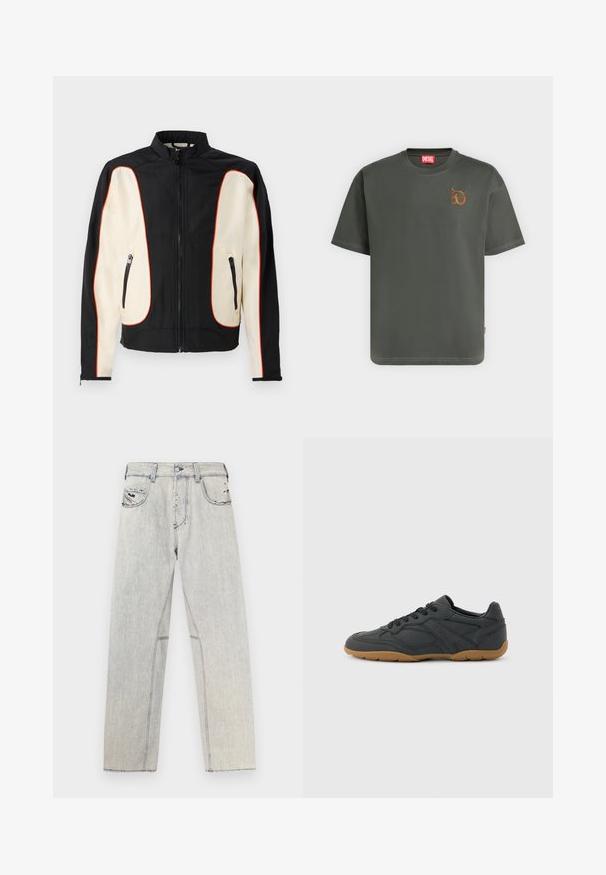 Veste noire et crème avec un col montant. Présente des passepoils rouges, deux poches zippées et un tissu lisse légèrement texturé.; T-shirt Diesel gris foncé à manches courtes, col rond avec petit logo graphique marron en haut à gauche de la poitrine.; Jean en denim bleu clair coupe droite, avec des coutures contrastées, deux poches avant et des détails usés sur le tissu.; Baskets noires à profil bas avec semelle en caoutchouc beige, lacets sur le côté et nom de la marque discrètement embossé sur le côté, sur un fond uni.
