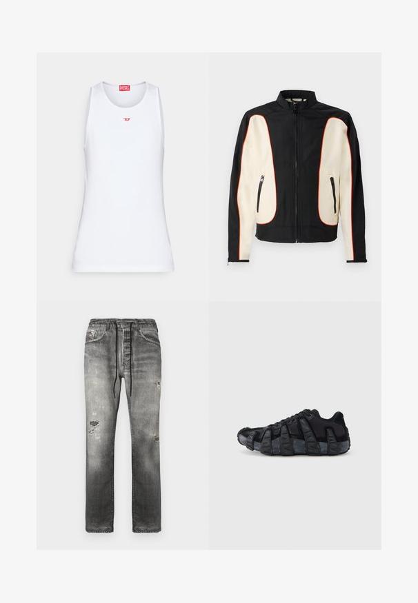 Veste noire et crème avec un col montant. Présente des passepoils rouges, deux poches zippées et un tissu lisse légèrement texturé.; Débardeur blanc sans manches en tissu lisse. Il présente un col rond et un petit logo "D" rouge au centre.; Jean en denim gris à coupe décontractée, présentant des zones décolorées, des détails usés et une taille avec cordon de serrage pour un confort ajustable.; Baskets noires avec semelle renforcée à nervures exagérées, design à lacets, dessus en textile mélangé et daim, vues de profil sur fond blanc.