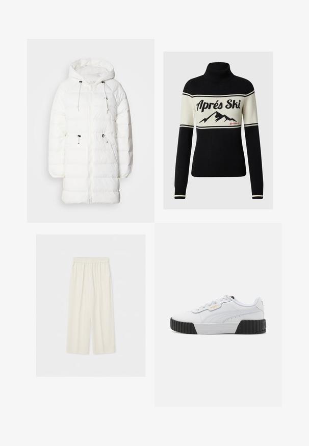 Calvin Klein Jeans Talvitakki - snow white; Musta-valkoinen pooloneule, jossa on teksti "Après Ski" ja vuoristoteema. Ominaisuuksia ovat kontrastiväriset raidat ja nihkeät hihansuut. Pehmeä neulosmateriaali.; Väljä, korkeavyötäröinen kermavärinen leveälahkeinen housu, jossa on joustava vyötärönauha, esitettynä litteänä vaaleaa taustaa vasten.; Valkoiset tennarit, joissa on tekstuurilla varustettu nahka-yläosa, musta kuminen alusta ja hillitty kultainen brändäys sivussa. Pyöreät nauhat ja ommellut yksityiskohdat.