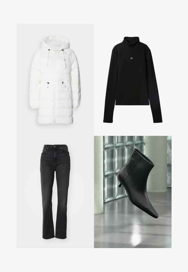 Calvin Klein Jeans Zimný kabát - snow white; Čierny rebrovaný top s dlhým rukávom a rolákom s malou štvorcovou nášivkou s logom Calvin Klein uprostred na hrudi.; Čierne džínsy so zvýšeným pásom, rovné nohavice, dizajn s piatimi vreckami, zapínanie na predný gombík a minimálne švy.; Čierna kožená členková čižma so špicatou špičkou a nízkym kitten podpätkom, zobrazená šikmo na pozadí leštenej podlahy a steny zo sklenených blokov.