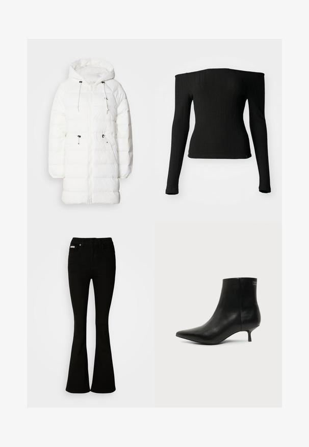 Calvin Klein Jeans Χειμωνιάτικο παλτό - snow white; Μαύρη μπλούζα με μακριά μανίκια φτιαγμένη από ραβδωτό ύφασμα, με λαιμόκοψη off-the-shoulder, εφαρμοστή γραμμή και ίσια ασυμμετρία. Διακριτική ετικέτα μάρκας στο κάτω μέρος.; Μαύρο τζιν με φαρδιά γραμμή και εφαρμοστό μέσο, κατασκευασμένο από μαλακό τζιν. Διαθέτει δύο προστιθέμενες τσέπες και κλείσιμο με κούμπωμα και φερμουάρ.; Μαύρο δερμάτινο μποτάκι γύρω από τον αστράγαλο με μυτερή μύτη και χαμηλό τακούνι σε ανοιχτό φόντο, εμφανίζει την εξωτερική πλευρά.