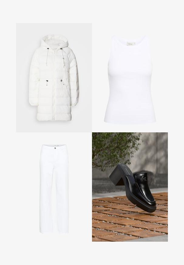 Calvin Klein Jeans Talvemantel - snow white; Valge sooniline õhuke topp ümmarguse kaelusega ja ilma varrukateta. Veniv kangas ja kitsas lõige. Tagaküljel silt, mis ütleb "GESTUZ."; Valged laiad teksapüksid, mis on valmistatud denimist. Omavad nööpiga sulgemist ja traditsioonilist viie tasku disaini. Sile tekstuur puhta viimistlusega.; Mustast nahast Calvin Kleini slip-on mules, millel on plokk-konts, toetub puitplaatidele õues, lähedal rohelisele taimele ja hallile seinale.