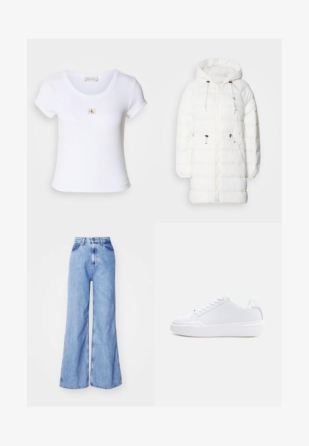 Calvin Klein Jeans Χειμωνιάτικο παλτό - snow white; Λευκό κοντομάνικο μπλουζάκι εφαρμοστό από ραμμένο ύφασμα, με στρογγυλή λαιμόκοψη και κοντά μανίκια. Ένα μικρό λογότυπο CK είναι ραμμένο στο στήθος.; Ανοιχτό μπλε τζιν παντελόνι με φαρδιά γραμμή, ψηλή μέση, μπροστινές τσέπες και ραμμένες ραφές. Το ύφασμα έχει μια ελαφριά υφή, χαρακτηριστική του τζιν.; Άσπρο αθλητικό παπούτσι χαμηλού ύψους με δέσιμο κορδονιών, χοντρή σόλα και λείο επάνω μέρος, εμφανίζεται από την εξωτερική πλευρά σε απλό φωτεινό φόντο.