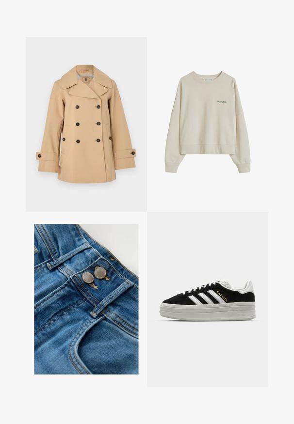 Beige dobbeltradet trenchcoat med brede revers, sorte knapper, sidelommer og knappede ærmestropper.; Beige langærmet crewneck sweatshirt med "Marc O'Polo" logo i lille grøn tekst på venstre bryst.; Denimjeans med en falmet blå farve, med knaplukning med metaldekorationer, kontrasterende gule syninger og en forlomme.; Sort ruskind sneaker med hvide læderdetaljer, tre hvide striber, flade snørebånd og en tyk grå platformsål. Guldfarvet "Gazelle" branding.