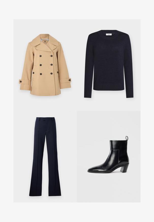 Beige dubbelgeknoopte trenchcoat met brede revers, zwarte knopen, zijzakken en met knopen verstelbare mouwriemen.; Navyblauwe gebreide trui met een ronde hals, lange mouwen en geribde boorden bij de mouwen en zoom. Gemaakt van zachte stof voor een comfortabele pasvorm.; Navyblauwe, uitlopende broek gemaakt van een gladde stof. Heeft een platte voorkant, riemlussen en persplooien. Geen zichtbare patronen of accenten.; Zwarte leren enkelboot met een spitse neus, een geometrische gestapelde hak en een trekband aan de achterkant. Gladde textuur en slank ontwerp.
