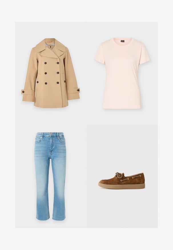 Beige dubbelgeknoopte trenchcoat met brede revers, zwarte knopen, zijzakken en met knopen verstelbare mouwriemen.; Lichtroze T-shirt met korte mouwen en ronde hals, voorzien van een klein reliëflogo van BOSS op de linkerborst en een zwart label aan de binnenkant van de kraag.; Lichtblauwe denimjeans met een hoge taille, knopen- en ritssluiting aan de voorkant, vijf zakken en een licht uitlopende pijp.; Bruine suède loafer met een ronde neus, contrasterende tan rubberen zool en decoratieve goudkleurige touwveters aan de zijkant.