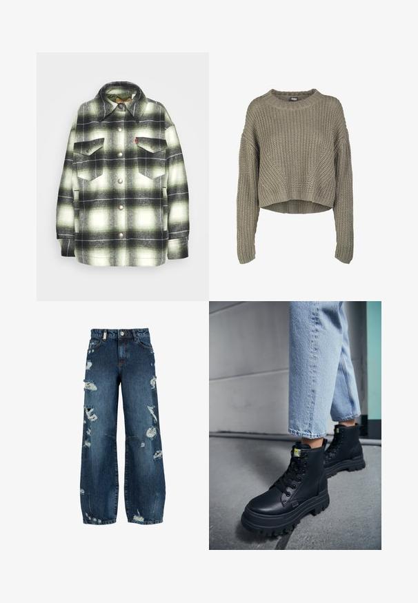 Schwarzes und grünes Karo-Flanellhemd mit zwei Brusttaschen, Metallknöpfen und einem spitzen Kragen. Weicher Stoff mit Vintage-Stil.; Olivgrüner, verkürzter Strickpullover mit strukturiertem Muster, rundem Ausschnitt und langen Ärmeln. Dicke Rippstruktur am Saum und an den Bündchen.; Blaue, hoch taillierte, weit geschnittene Jeans mit mehreren ausgefransten Rissen und ausgefransten Details an der Vorderseite und den Beinen.; Person, die hellblaue Jeans und schwarze klobige Schnürstiefel trägt und auf einem Betonboden nahe einer Wand steht.