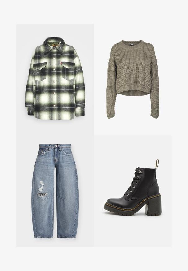 Chemise en flanelle à carreaux noirs et verts avec deux poches poitrine, boutons en métal et col pointu. Texture douce avec un style vintage.; Pull en tricot cropped vert olive avec un motif texturé, col rond et manches longues. Large côtelé au niveau de l'ourlet et des poignets.; Jean en denim bleu à jambes larges, taille haute avec des déchirures usées sur la cuisse gauche, avec poches avant et passants de ceinture.; Bottine en cuir noir avec un talon haut chunky, un laçage à l'avant, des œillets en métal et une couture jaune le long de la semelle. Semelle en caoutchouc texturé.