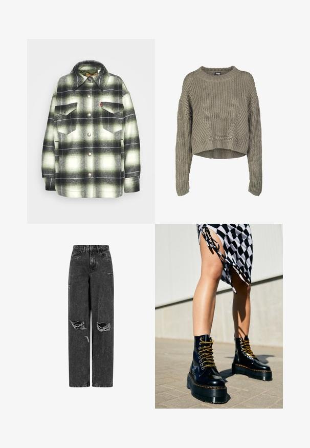 Schwarzes und grünes Karo-Flanellhemd mit zwei Brusttaschen, Metallknöpfen und einem spitzen Kragen. Weicher Stoff mit Vintage-Stil.; Olivgrüner, verkürzter Strickpullover mit strukturiertem Muster, rundem Ausschnitt und langen Ärmeln. Dicke Rippstruktur am Saum und an den Bündchen.; Schwarze hochgeschnittene weit geschnittene Jeans mit aufgerissenen Knien und abgetragenen Details auf einem weißen Hintergrund.; Schwarze Leder-Plateau-Stiefel mit klobigen Sohlen, goldenen Schnürsenkeln und orangefarbenen Nähten, kombiniert mit einem karierten Rock, der einen seitlichen Schlitz zeigt.