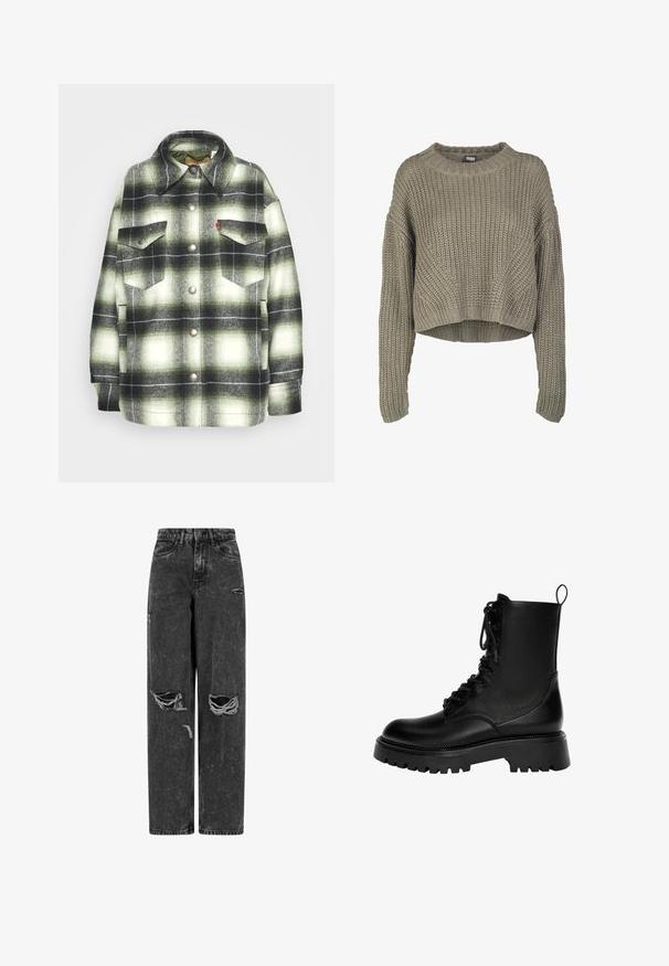 Chemise en flanelle à carreaux noirs et verts avec deux poches poitrine, boutons en métal et col pointu. Texture douce avec un style vintage.; Pull en tricot cropped vert olive avec un motif texturé, col rond et manches longues. Large côtelé au niveau de l'ourlet et des poignets.; Jean noir taille haute, large, avec des genoux déchirés et des détails usés sur fond blanc.; Botte de cheville noire à lacets en cuir synthétique, dotée d'une semelle épaisse, d'une languette et de détails de couture prononcés.