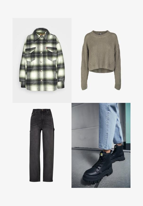 Sort og grønternet flannel skjorte med to brystlommer, metalknapper og spidse kraver. Blød tekstur med en vintage stil.; Olivengrøn, kort striktrøje med et tekstureret mønster, rund hals og lange ærmer. Tykt ribkant ved kanten og ærmerne.; Højtaljede cargo jeans i sort denim med vid ben-design, sidelommer og subtile falmning detaljer. Holdbart stof og kontraststik.; Person iført lyseblå jeans og sorte chunky snørestøvler, der står på et betongulv nær en væg.